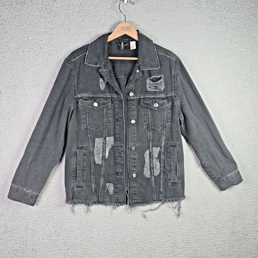 Divided Black Denim Jacket Thrashed Distressed Raw Hem Oversized Y2K Fall Retro